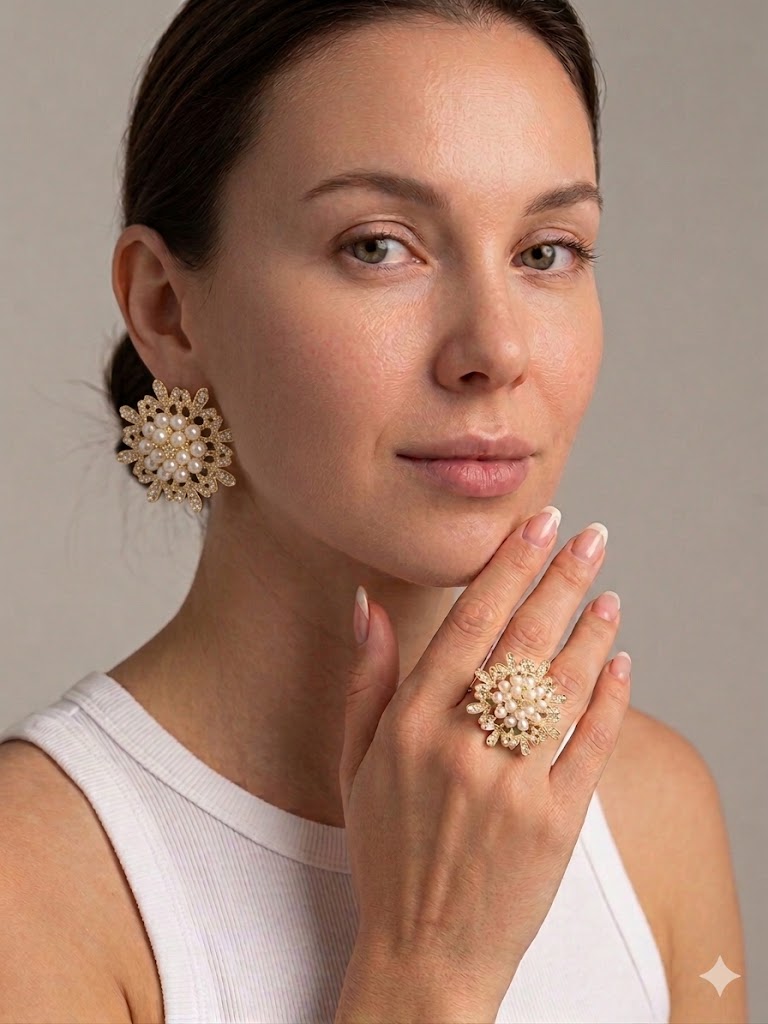 Bague Fleur Dorée Perles